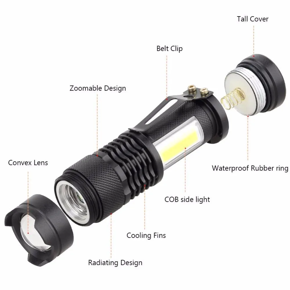 Портативный светодиодный фонарик Q5+ COB Mini Black 2000LM Водонепроницаемый светодиодный фонарь с зумом, фонарик с батареей AA 14500