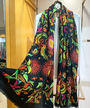

300s Cashmere Scarf Women Black Floral Long Shawl Pashmina Wraps 200*100cm Colorful impatiens