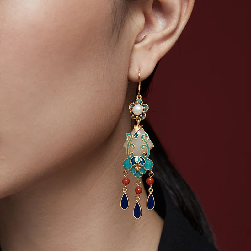 

Exquisite Enamel Tassels Drop Earrings China Retro Palace Style Luxury Matte Gold Jewelry For Women Party Unique Geometry Gift