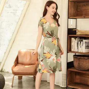 

Loose Nightdress Slim Nightgown Ladies Sexy Sleepwear Women's Sleep Skirt Round Neck Fresh Print Nightwear Comfortable Homewear