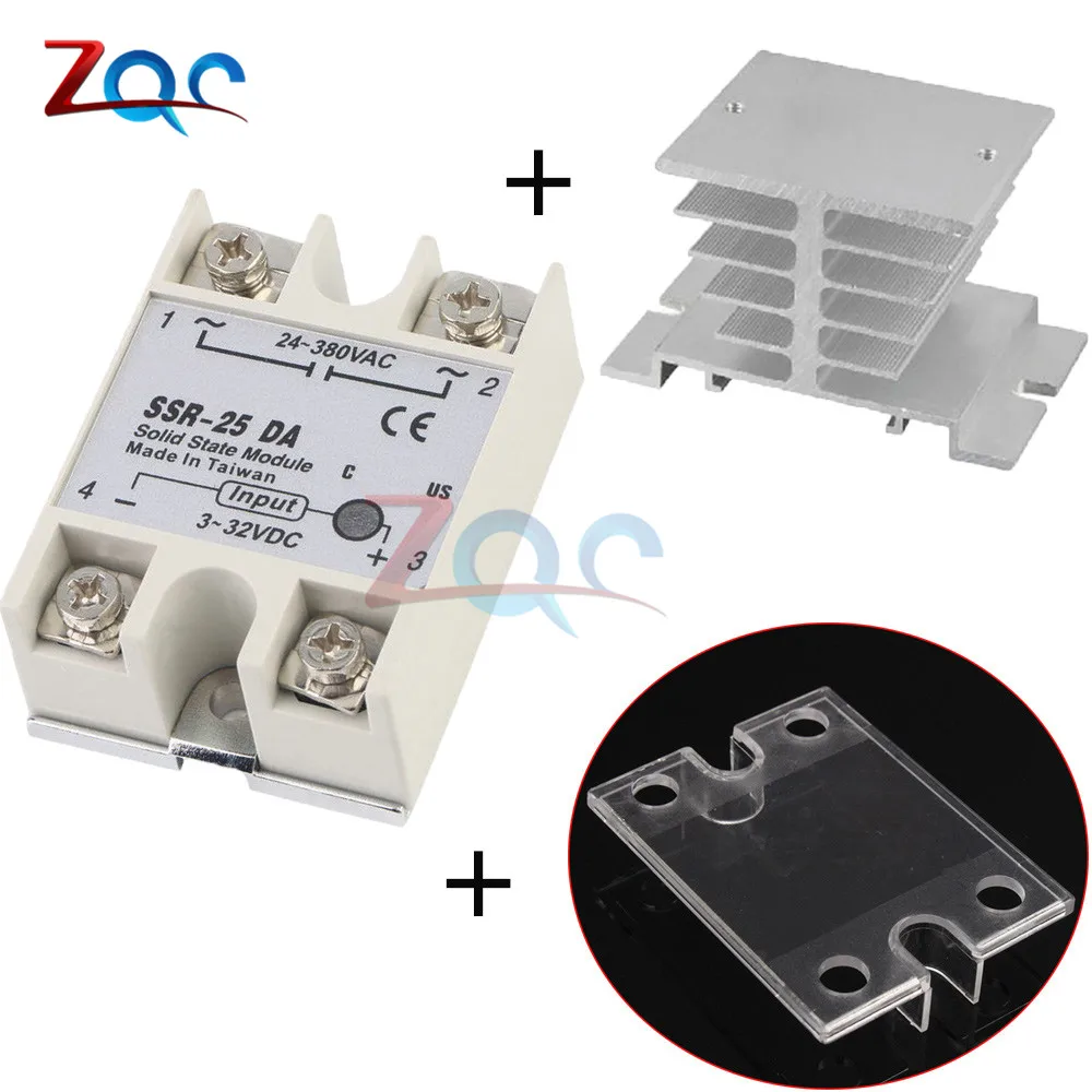 Твердотельные реле SSR-10DA SSR-25DA SSR-40DA 10A 25A 40A на самом деле 3-32 В постоянного тока в переменный 24-380V AC SSR 10DA 25DA 40DA с корпус теплоотвода - Габаритные размеры: SSR-25DA