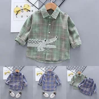 

Spring Autumn Kids Baby Boys Cotton Long-sleeved Shirts Baby Cartoon Lapel Plaid Shirt Children's Tops Clothes