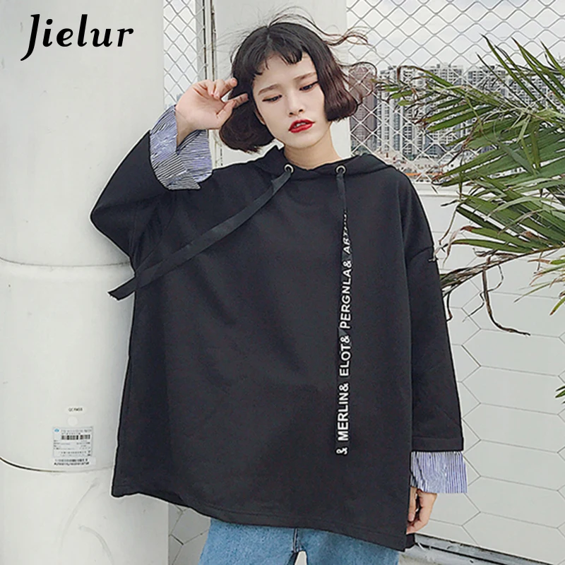 Корейский Поп BF Harajuku полосатый шить Женский свитшот свободные Drawstring уличная M-XL модные толстовки с капюшоном для женщин пуловер