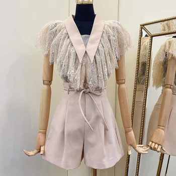 

HIGH STREET Newest 2020 Stylish Runway Suit Set Women's Peter Pan Collar Ruffles Lace Blouse Shorts Set