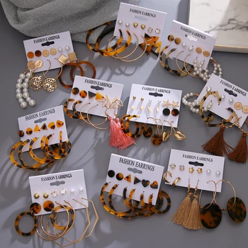

2020 Bohemian Leopard Acrylic Pearl Earrings Set for Women Fashion Geometry Tassel Handmade Hoop Stud Earings Jewelry Gift Set