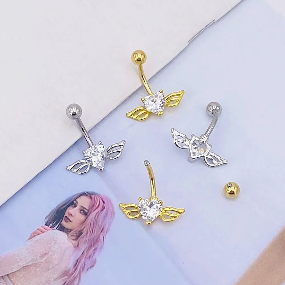 Sexy steel belly button rings, crystal navel, heart-shaped wings, piercing navel earring, belly body piercing jewelry, woman, 1PC