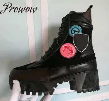 

New Autumn Winter Luxury Round Toe Sexy Platform Boots Badge Thick Heel Lace Up Winter Boots Shoes Women