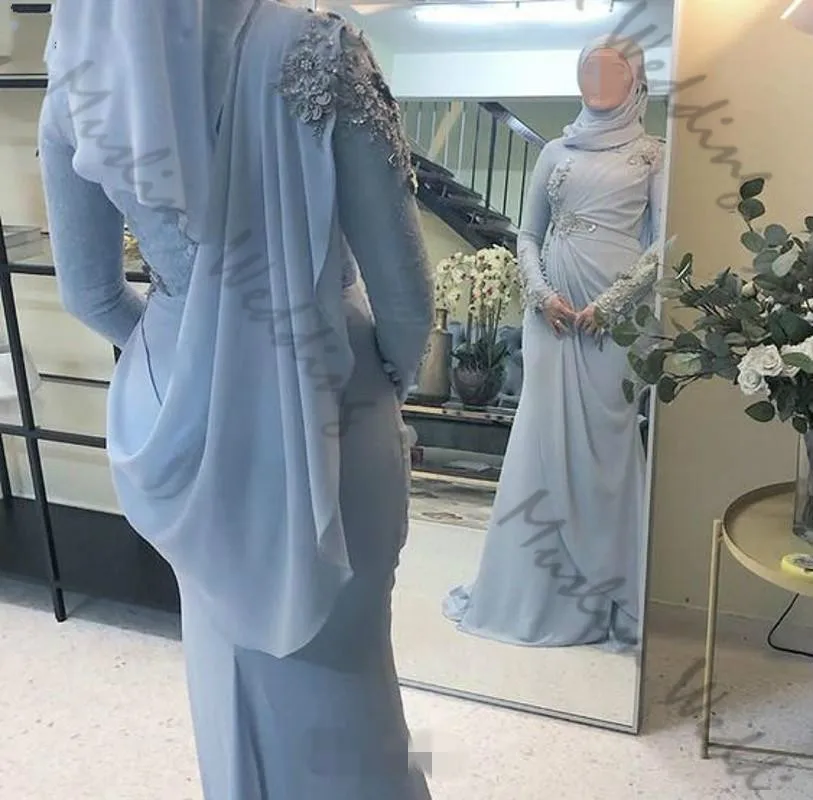 

Dubai Caftan Arabic Evening Dresses Baby Blue Chiffon Long Sleeve Muslim Prom Dress 2020 Mermaid Plus Size Formal Party Gowns