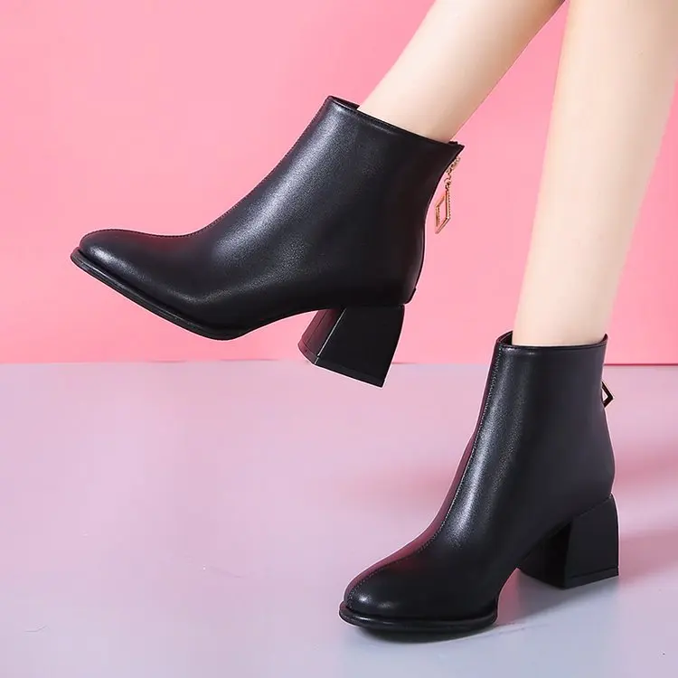 

Brand Black Beige Ankle Boots for Women Med Heel Thick Heels Boots Women Winter Shoes Elegant Booties Woman back zipper Botas