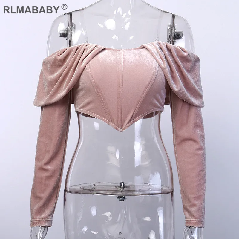Light Pink Top Rlmaaby Розовый без бретелек сексуальный бархатный укороченный Топ с длинным рукавом корсет весна лето футболки повседневные Ruched Клубные вечерние женские футболки - Цвет: Light Pink Top