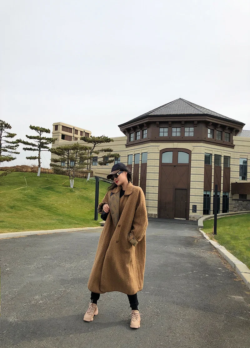 LANMREM осеннее и зимнее шерстяное пальто женское однотонное длинное пальто с положительным и отрицательным разрезом Свободное пальто с лацканами 19B-a559