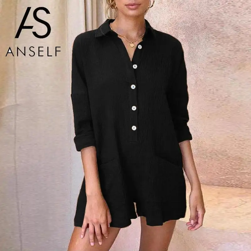 

ANSELF Jumpsuits for Women 2019 Autumn Long Sleeves Playsuit Turn Down Collar Button Front Pockets Overalls Short Rompers female
