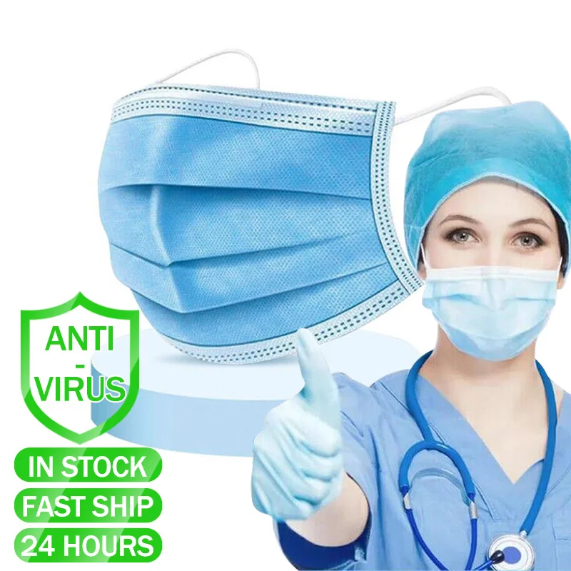 

100Pcs Disposable Face Mask Breathable Dust Proof Respirator Masks Cover 3 Layers Non-Woven Earloop Face Mouth Masks
