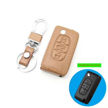 

100% leather car key case cover For Peugeot 107 206 207 307 407 308 607 For Citroen C2 C3 C4 C5 C6 C8 3 buttons remote control