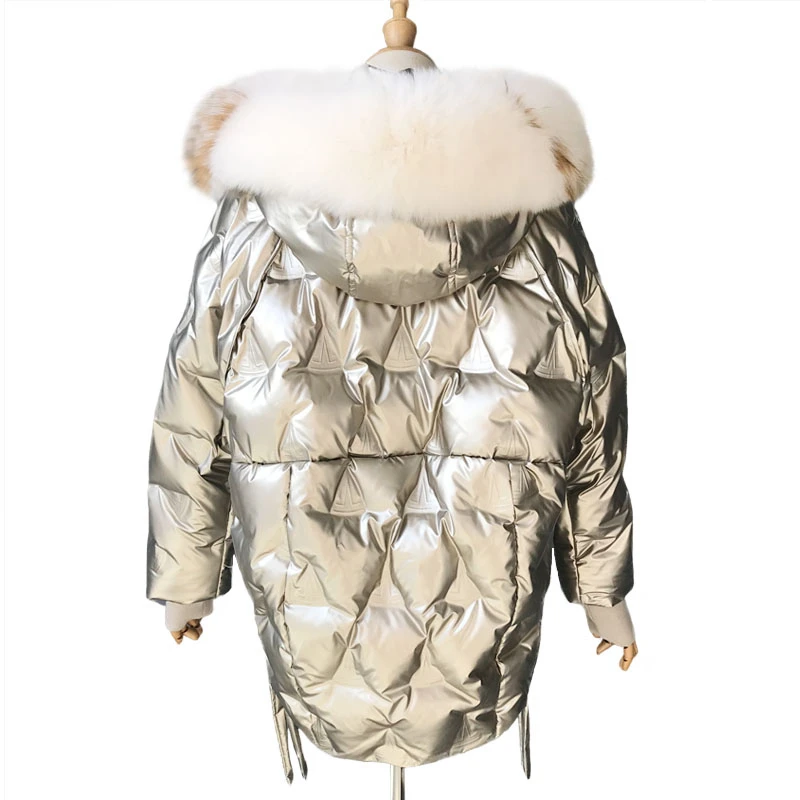 

Winter Glossy Down Parka Thick Women Waterproof Coat Large Size Loose Warm Snow Shiny Overcoat Real Fox Fur Collar Down Coat