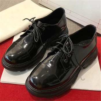 

Patent Leather Shoes Woman Lace Up Zapatos De Mujer Platform Ladies Shoes Round Toe Flats Leisure Single Shoes Party Dress Pumps