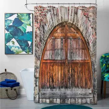 

Shower Curtains with Tassels Rustic,Photograph of A Brick Stone Rampart with Oval Gate with Dated Ancient Materials Art, Grey