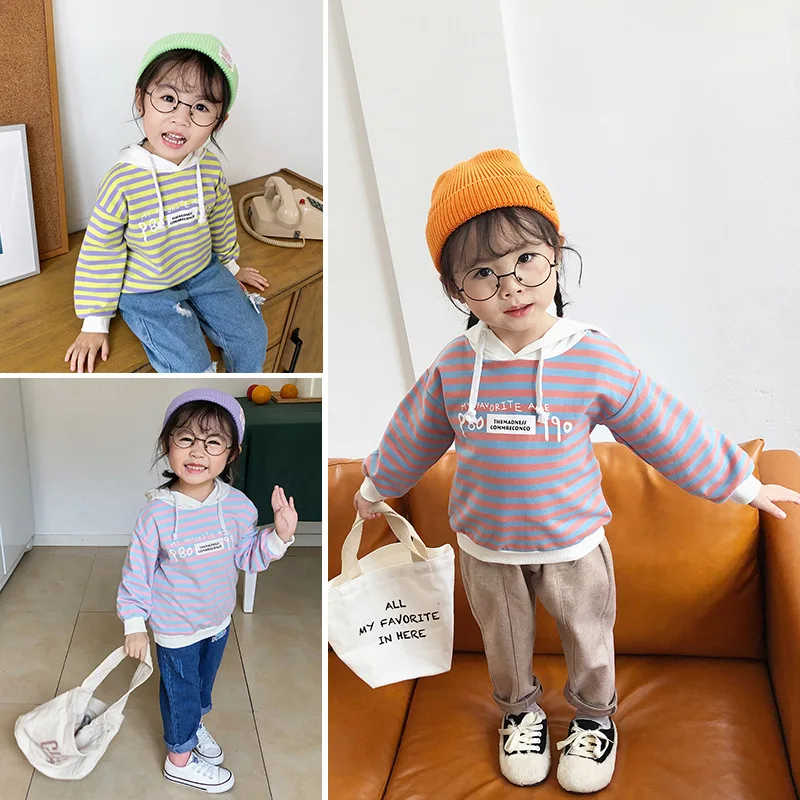 LOOZYKIT Fall Little Girls Sweatshirt Children Clothing Baby Hoodie Colorful Striped Blusas Tops Kids Hoodies Clothes