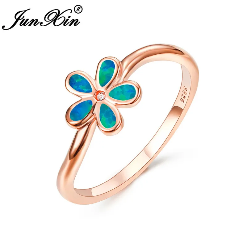 Rose Gold Blue Милое Радужное цветочное кольцо с маргариткой, сине-белое огненное Опаловое кольцо для женщин, серебро 925 пробы, цвет розовое золото, обручальное кольцо, ювелирное изделие - Цвет основного камня: Rose Gold Blue