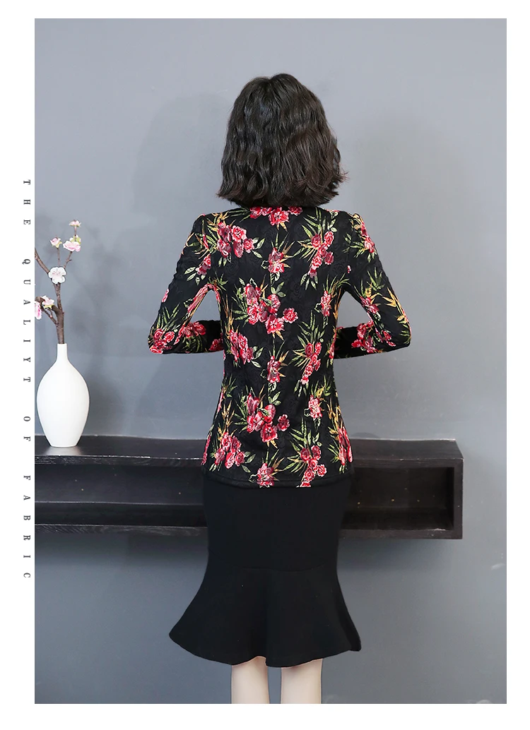 3xl кружевная Лоскутная футболка с цветочным рисунком, бархатная плотная футболка размера плюс с длинным рукавом, Женская Осенняя футболка с бусинами, размер d, топы