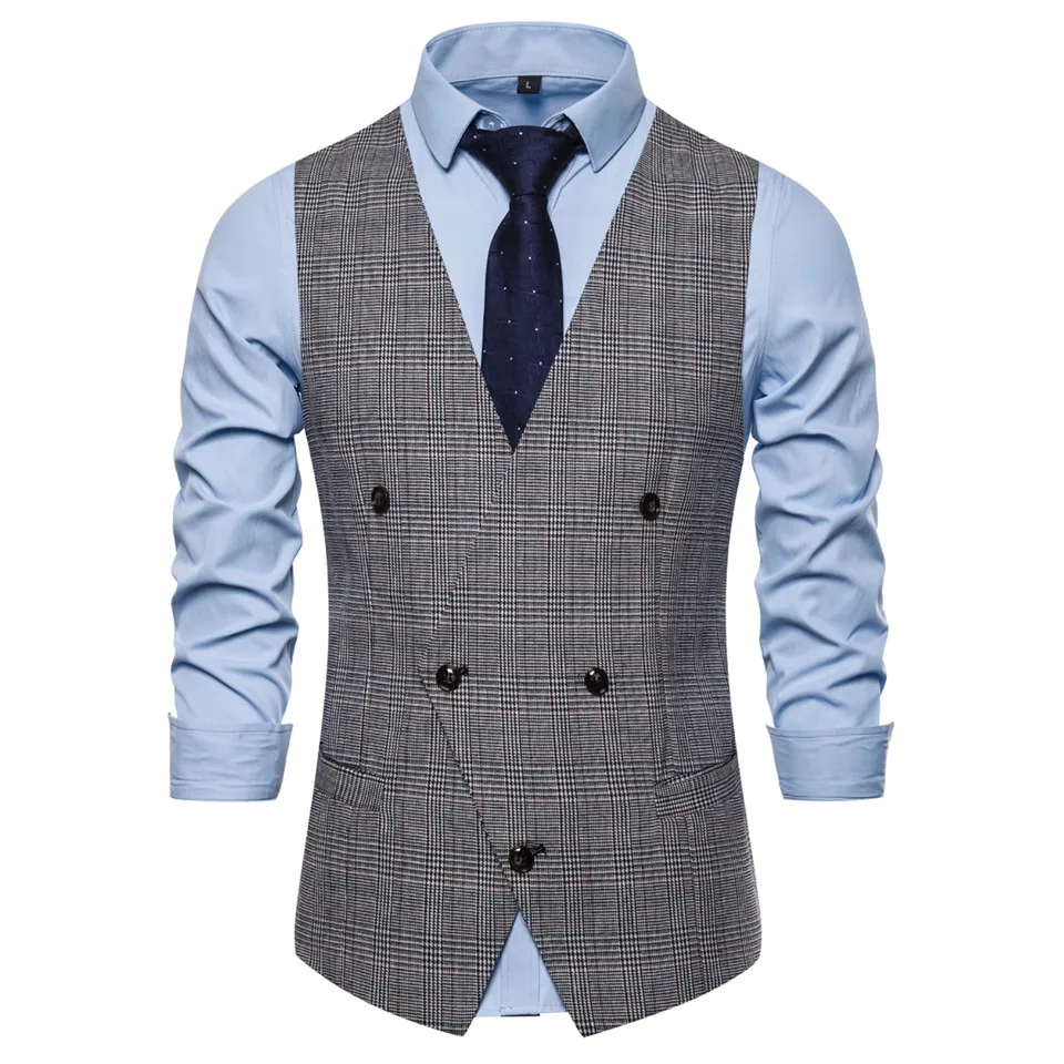 New Arrival Men Suit Vest Fashion Design Mens Slim Fit Black Gray Grid Vest Autumn Casual Men Single Breasted Waistcoat