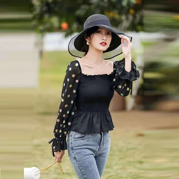 

2020 Spring Fashion Tops Women Sexy Square Collar Polka Dot Print Flare Sleeve Casual White Black Pink Basci Tops Blouse Ladies