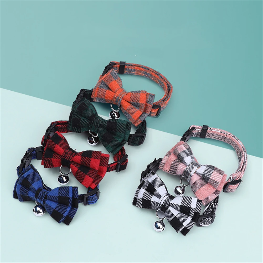 

Plaid Bowtie Cat Collar With Small Bell Cute Kitten Necklace Safety Breakaway Puppy Collars Adjustable Pet Neck Strap 21-30cm