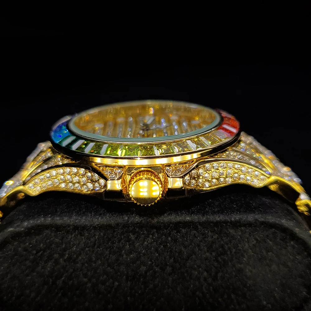 Automatic Date Top Brand Mens Wrist Watch Gold Square Diamond Stainless Steel Rainbow Bezel Men Quartz Watch Montre Homme Clock