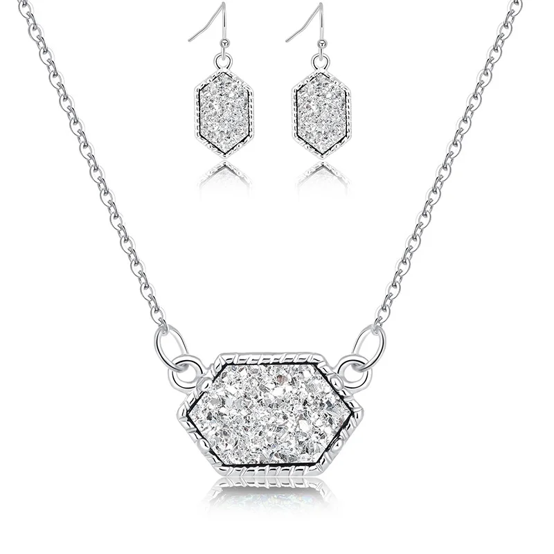 14 вариантов, Druzy Drusy, ожерелье, серьги, ювелирный набор, полимерные Кристальные серьги с камнем, брендовые шестигранные Висячие серьги, для свадебной вечеринки - Окраска металла: S silver