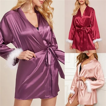 

New Red Wine Chinese Women's Faux Silk Robe Bath Gown Hot Sale Kimono Yukata Bathrobe Solid Color Sleepwear S M L XL