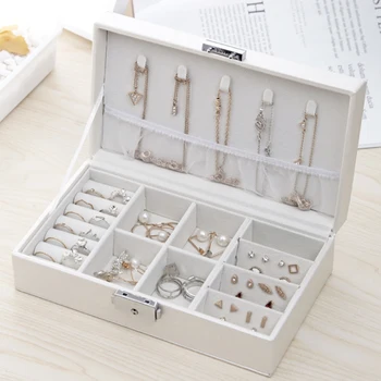 

PU Leather Jewelry Box Storage Bins Necklaces Ring Lady Case Portable Makeup Organizer with Lock Earring Bracelet Display Holder