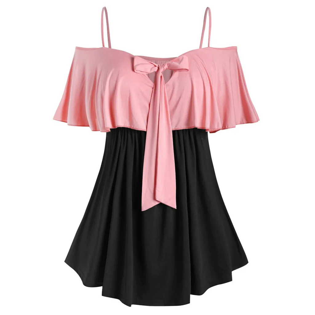 Plus Size Two Tone Bowknot Ruffled T Shirt Spaghetti Strap Tee Half Sleeve Women'S T-Shirts 2020 Long | Женская одежда