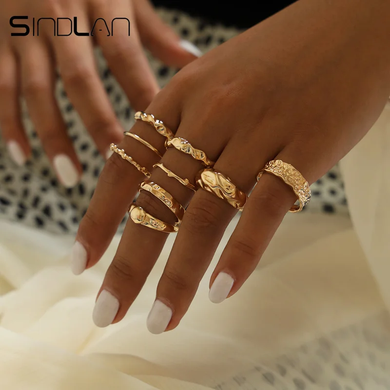 

Sindlan 9PCs Glazed Gold Irregular Rings Sets Punk Style Unisex Finger Rings for Women Men Vintage Fashion Joint Ring Jewelry