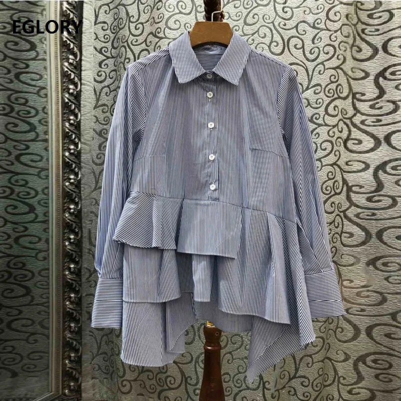 

High Quality Cotton Shirt 2019 Autumn Casual Blouses Women Turn-down Collar Ruffle Patchwork Long Sleeve Blue Grey Striped Shirt