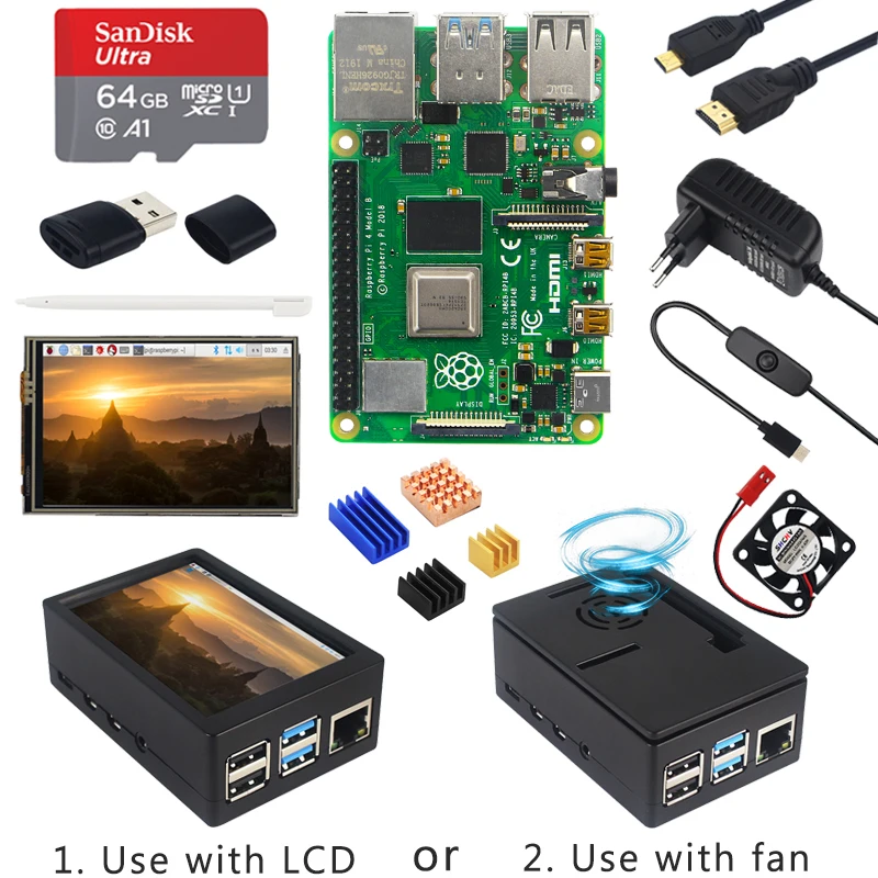 Raspberry Pi 4 Модель B + чехол источник питания SD карта на 64 Гб радиатор опционально 3 5