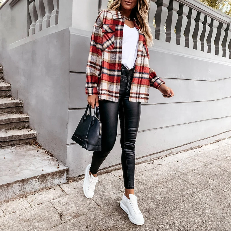 Rocwickline New Autumn & Winter Women's Shirt Casual Plaid Turn-down Collar Pockets Loose Easy matching Elegant Vintage Shirt