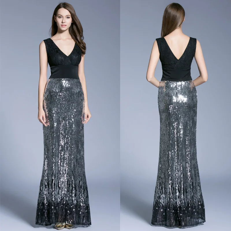 

Beautifly New Style Fashion Sexy Front And Back V Lace & Amp; Sequin Sleeveless Long Banquet Evening Dress Women's