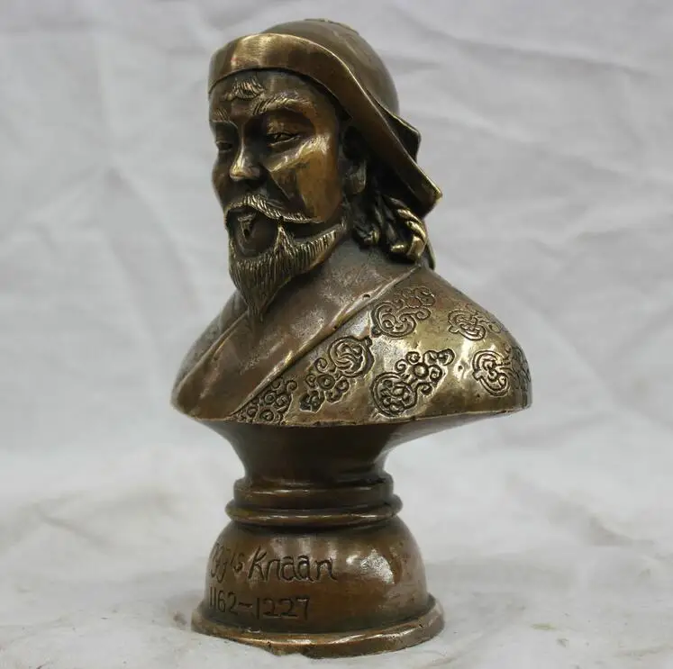 Китайские, из чистой бронзы Чингисхан Статуэтка-бюст резной, на удачу цветы