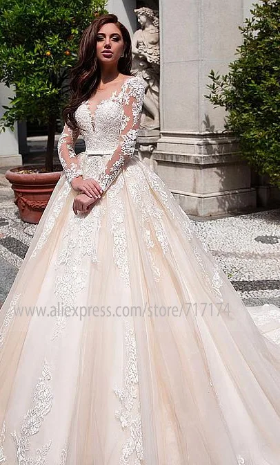 Элегантное Тюлевое бальное платье с глубоким вырезом, свадебное платье с кружевными аппликациями, пояс с бантом, часовня, шлейф, vestido de novia - Цвет: same as picture