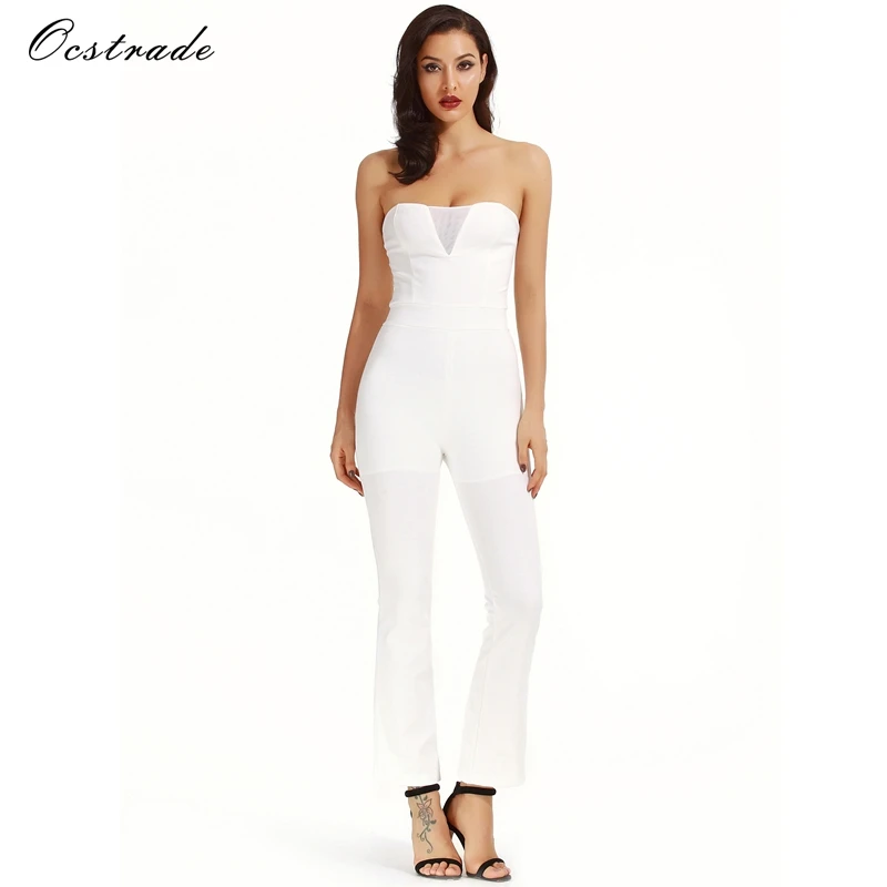 

Ocstrade Sexy Clubwear Strapless Bodycon Jumpsuit 2017 New Arrival White Wide Leg Jumpsuits for Women