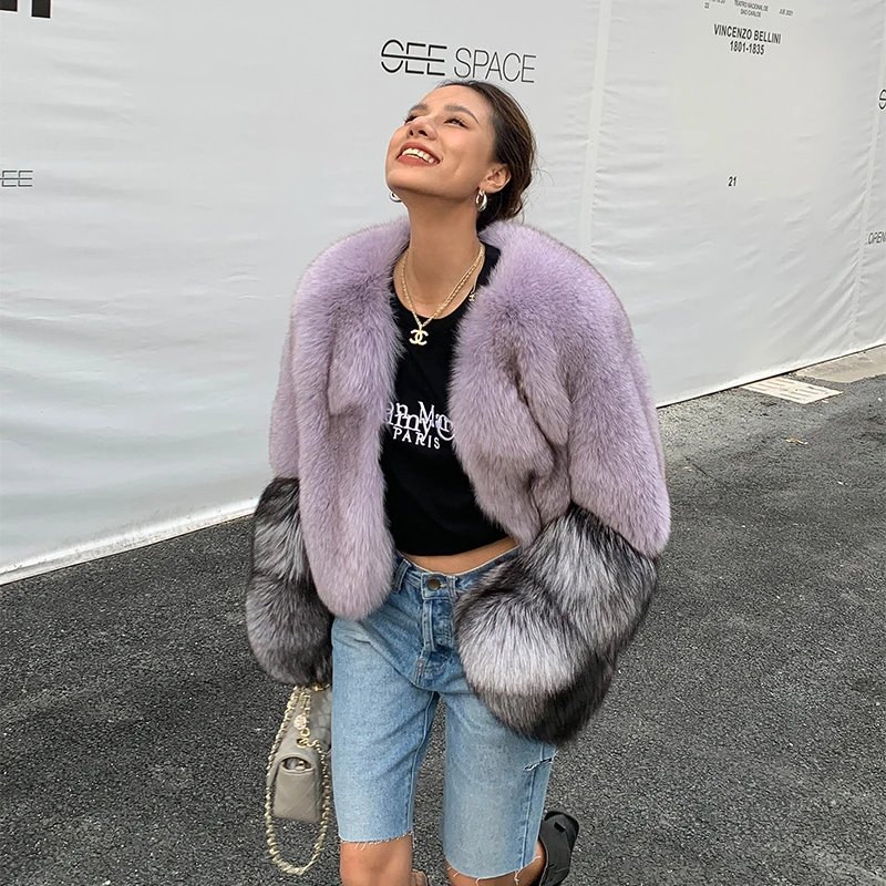 Natural Fox Fur Jacket Winter Women 2022 New Light Purple Genuine Fox Fur Coats V-Neck with Silver Fox Fur Sleeve Cuffs Outwear