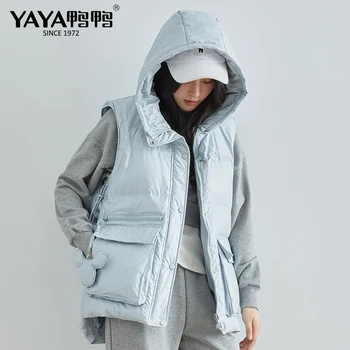 

YAYA Women Down Jacket Winter Outerwear Sleeveless Vest Lady Autumn White Duck Down Hooded Warm Vest