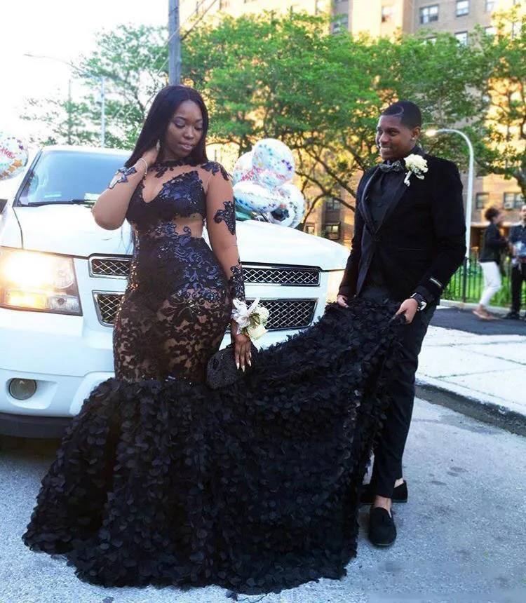 Black Plus Size Prom Sheer Long Lace Appliques Mermaid Evening Gowns See Through Sweep Train Women