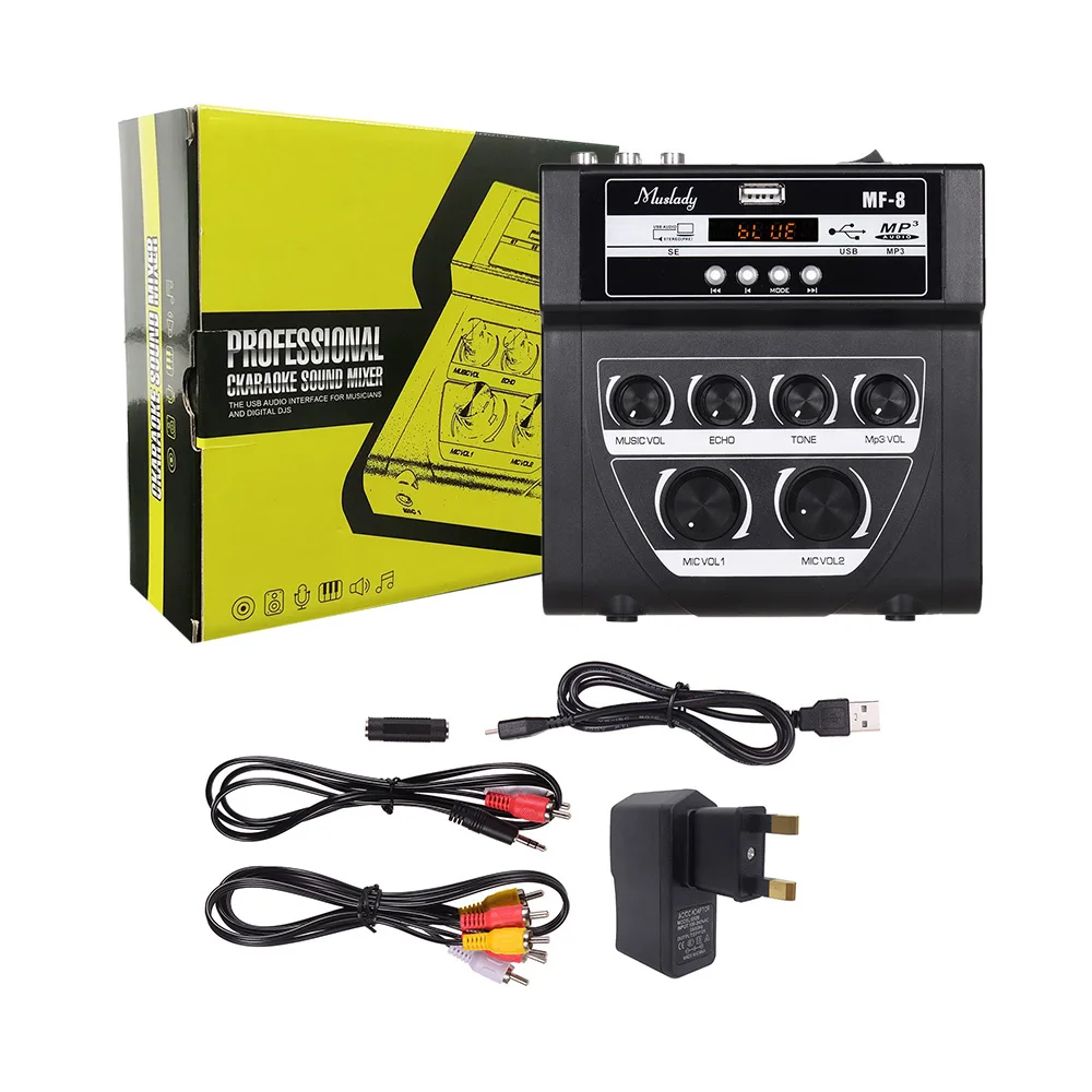 Black UK Plug Muslady MF-8 мини Караоке звук аудио микшер стерео эхо смесители Двойной микрофон входы поддержка BT Запись MP3 функция Лидер продаж - Цвет: Black UK Plug