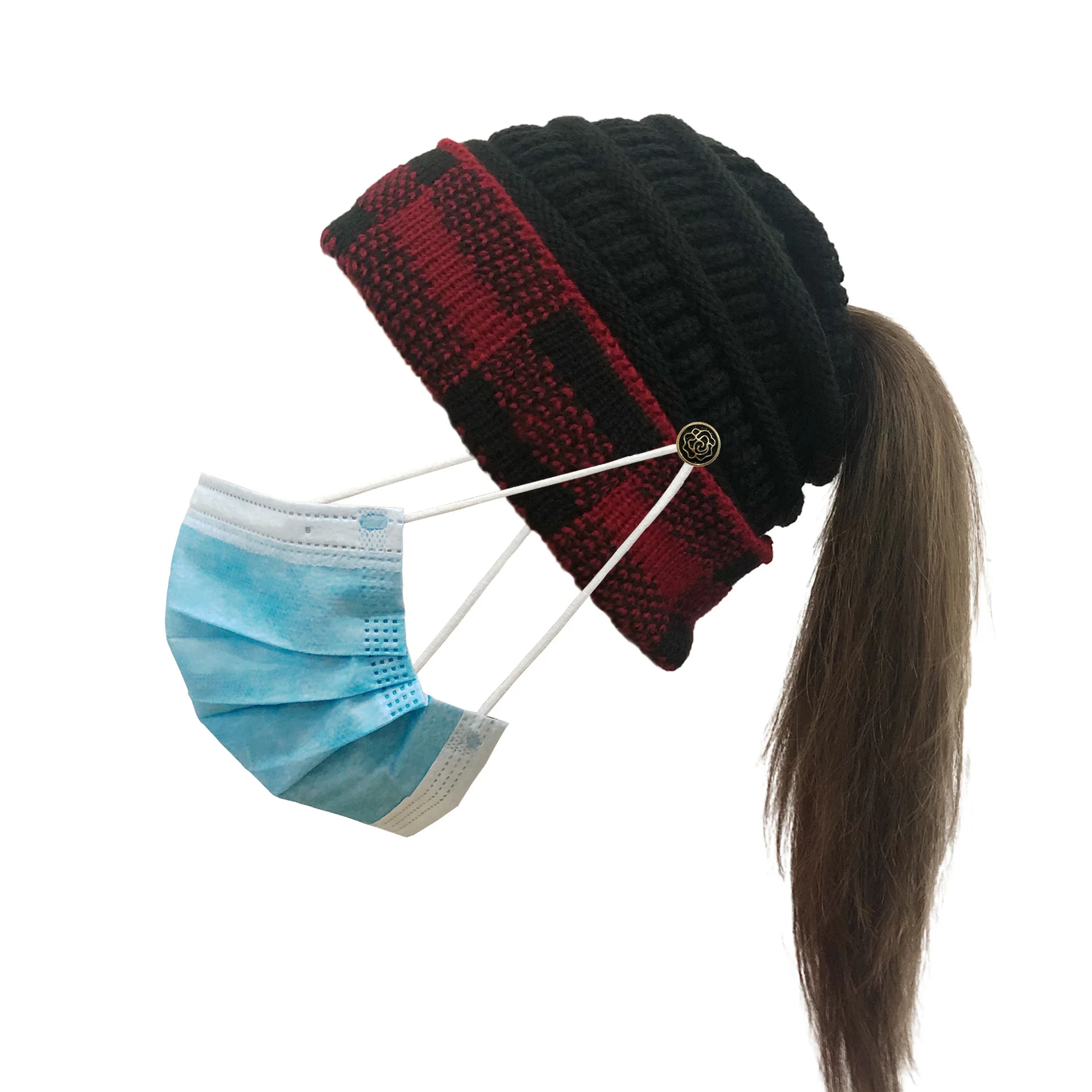 

Button Removable Mask Large Plaid Curled Knitted Horsetail Hat Women's Christmas Wool Hat Ponytail Beanie