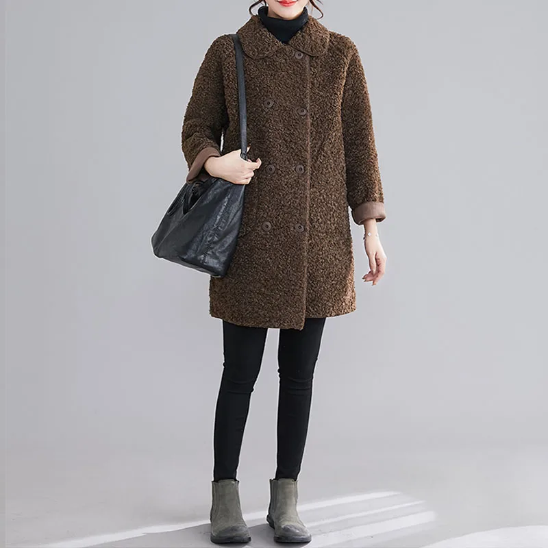 Зимнее модное женское шерстяное пальто с длинным рукавом куртка из овечьей шерсти размера плюс двубортное плотное пальто кардиган шерстяная куртка - Цвет: Коричневый