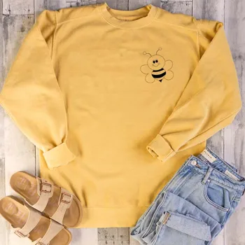 

Bee Pocket Print Women Sweatshirt Save The Bees Hoodies Yellow Jumpers Crewneck Pullover Kawaii Tops Streetwear Drop Shipping