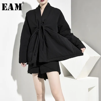 

[EAM] Black Bandage Big Size Cotton-padded Coat Long Sleeve Loose Fit Women Parkas Fashion Tide New Spring Autumn 2020 JK1330