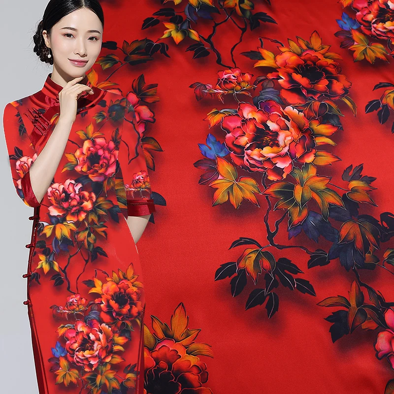 

108cm heavy stretch satin silk fabric meter digital inkjet Chinese silk fabric satin dress cheongsam fabric wholesale silk cloth