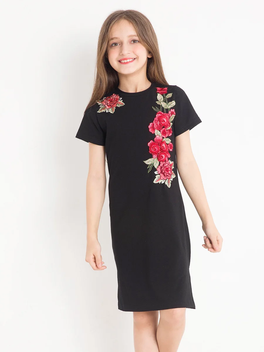 

2020 New Girl Dress Rose Flower Embroidery Black Cotton Girls Dresses Princess Party Dress Casual Summer Teenage Girls Clothing